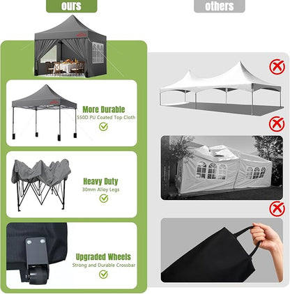 10x10 Heavy Duty Pop Up Canopy with 4 Sidewalls, 550D Commercial Easy Up Canopy Tent, Waterproof Outdoor Party Event Tent with Roller Bag, Grey
