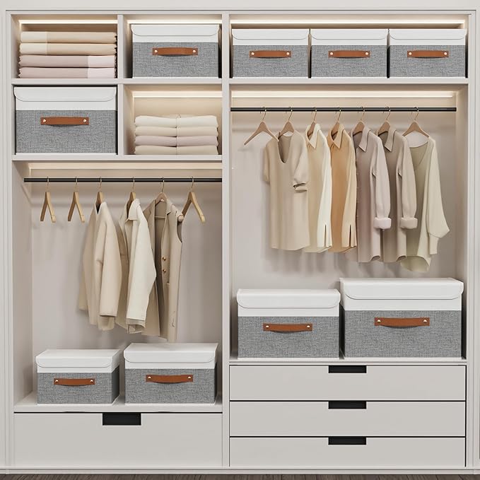 Yawinhe Collapsible Storage Bins, Stackable Boxes with Lids, Cube Clothes Organizer Basket with Handles for Home, Grey and White, 10.2x7.9x6.7 In, 5-Pack, SNK024WGN-5