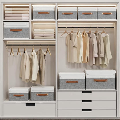 Yawinhe Collapsible Storage Bins, Stackable Boxes with Lids, Cube Clothes Organizer Basket with Handles for Home, Grey and White, 10.2x7.9x6.7 In, 5-Pack, SNK024WGN-5
