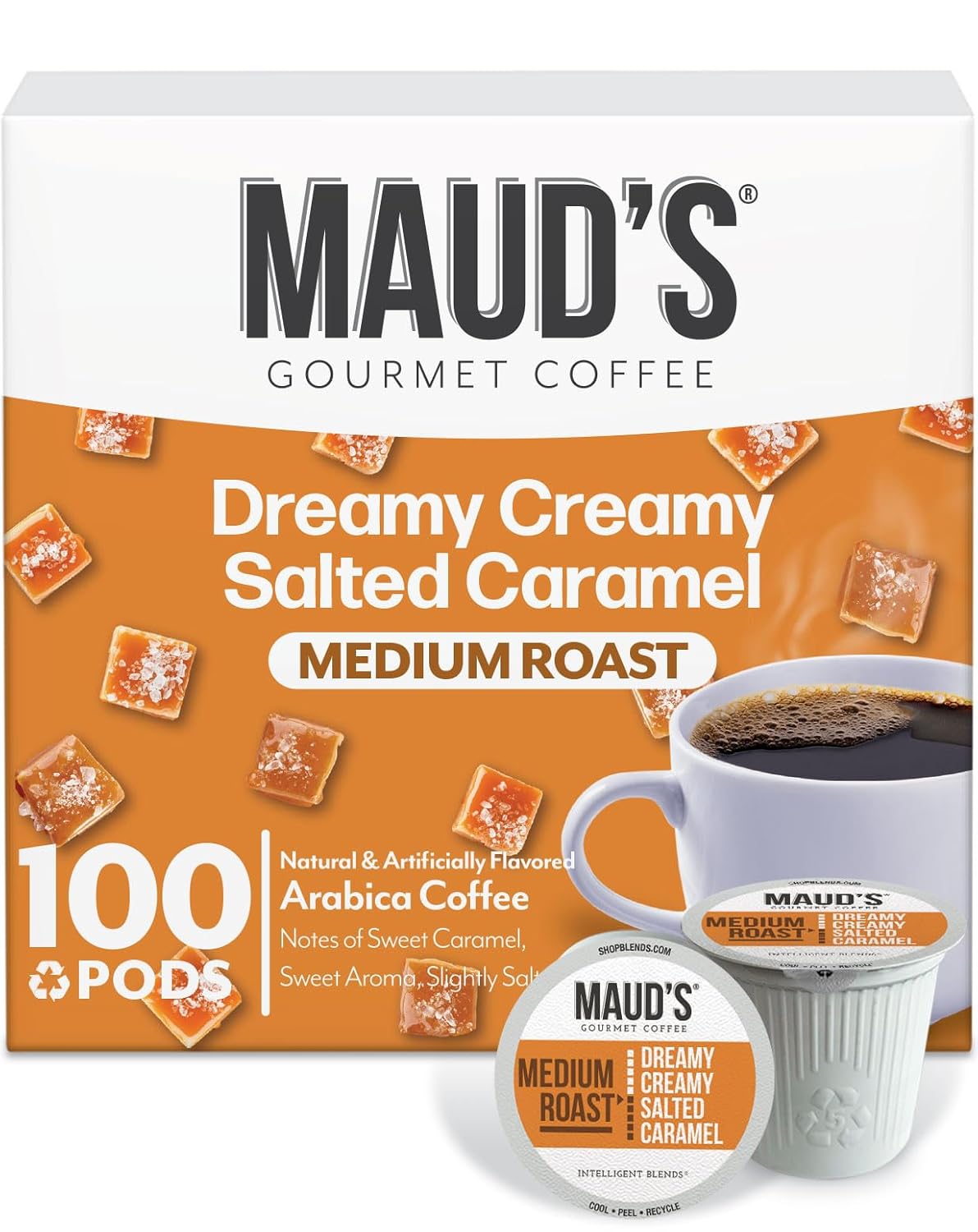 Maud's Salted Caramel Flavored Coffee Pods, 100 ct, Medium Roast Flavored Coffee in Recyclable Single Serve Pods – 100% Arabica Beans