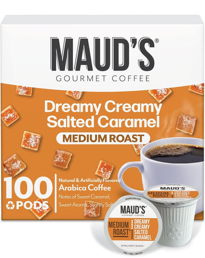 Maud's Salted Caramel Flavored Coffee Pods, 100 ct, Medium Roast Flavored Coffee in Recyclable Single Serve Pods – 100% Arabica Beans