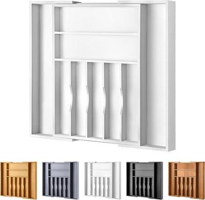 Large Premium Bamboo Silverware Organizer - Expandable Drawer Organizer & Utensil Organizer - 17"x19.7" Cutlery Tray with Dividers for Kitchen Utensils and Flatware (7-9 Slots) (White)