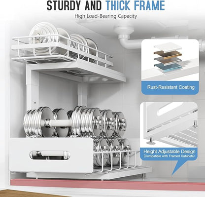 Under Sink Organizer Upgrade To Professional Rails,2-Tier Dual Pull Out Cabinet Storage,Height Adjustable Slide Out Drawers For Bathroom Kitchen,2 Pack-14.5"Dx12.8"-16.9"H,White