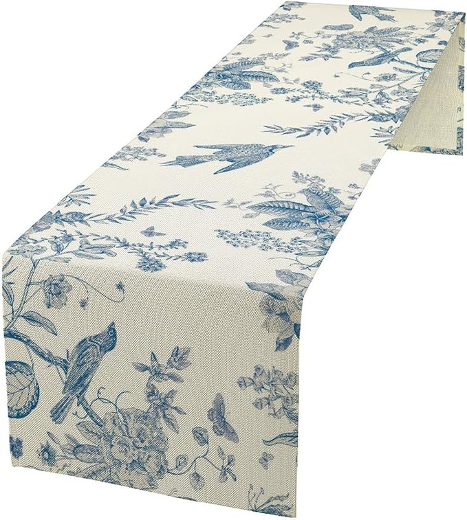Spring Flower Table Runner, Farmhouse Vintage Blue White Floral Bird Print Table Runner for Kitchen Dining Table Party Wedding Decor, 13x120inch