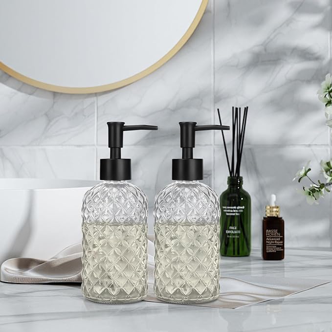 13.5Oz Gem Design Soap Dispenser with Plastic Pump, Refillable Glass Soap Dispenser for Hand Soap, Dish Soap, Lotion (Crystal Clear)