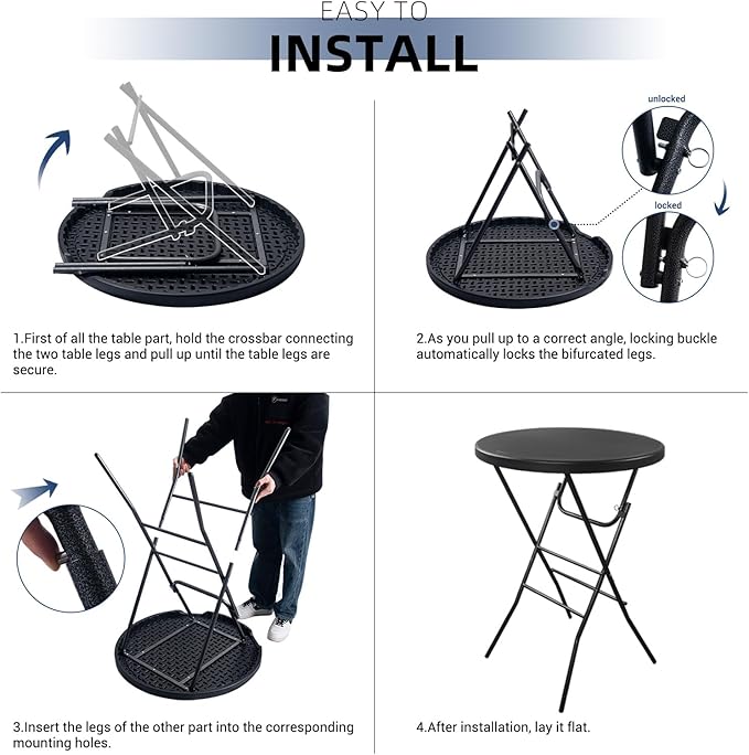 Byliable 32in Cocktail Table Black High Top Folding, Portable Bar Height Folding Table Round with Removable Carbon Black Legs, Indoor Outdoor Banquet for Parties, Commercial, Speech