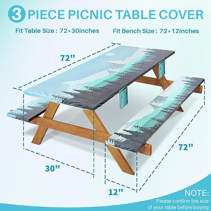 Fitted Picnic Table Cover with Bench Covers Elastic Waterproof Outdoor Camping Tablecloth for 6 Foot Rectangle Tables Camper Summer Accessories Rv Car Essentials Vacation Gifts for Women Men