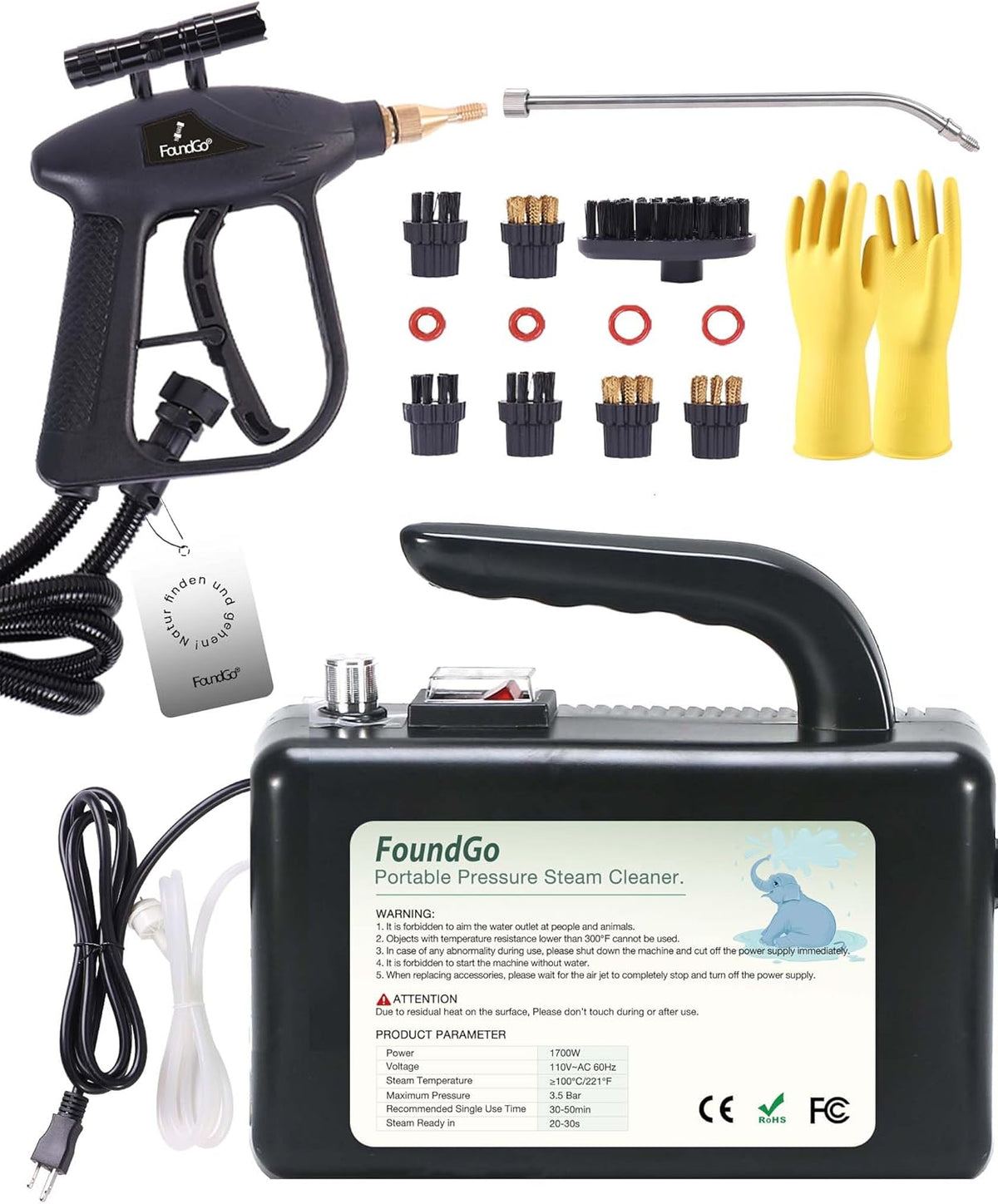 FoundGo 1700W Tankless Handheld Steam Cleaner with 7 Brushes 20s Heating to 239℉ Pressurized Portable Steam Cleaner, Cleaning Home/Kitchen/Car & More-Black