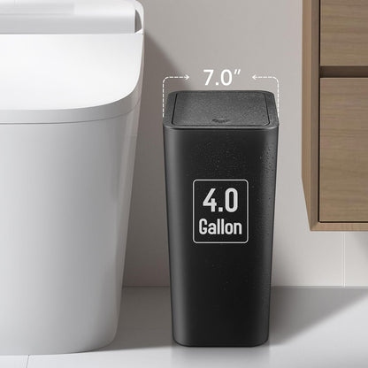 TIPGO Bathroom Trash Can with Lid, 4 Gallon / 15 Liter Small Garbage Can, Press Top Bin, Plastic Wastebasket with Pop-Up Lid for Bedroom, Living Room, Office (Black, 2 Pack)