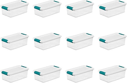 Sterilite 6 Qt Latching Storage Box, Stackable Bin with Latch Lid, Plastic Container to Organize Shoes on Closet Shelf, Clear with White Lid, 12-Pack