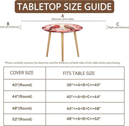 Valentines Day Round Fitted Tablecloth with Elastic Cardinal Bird Heart Circle Table Cloth for 48-52" Tables Wipeable Waterproof Washable Valentine Red Birds Table Cover for Picnic Dining Party Decor