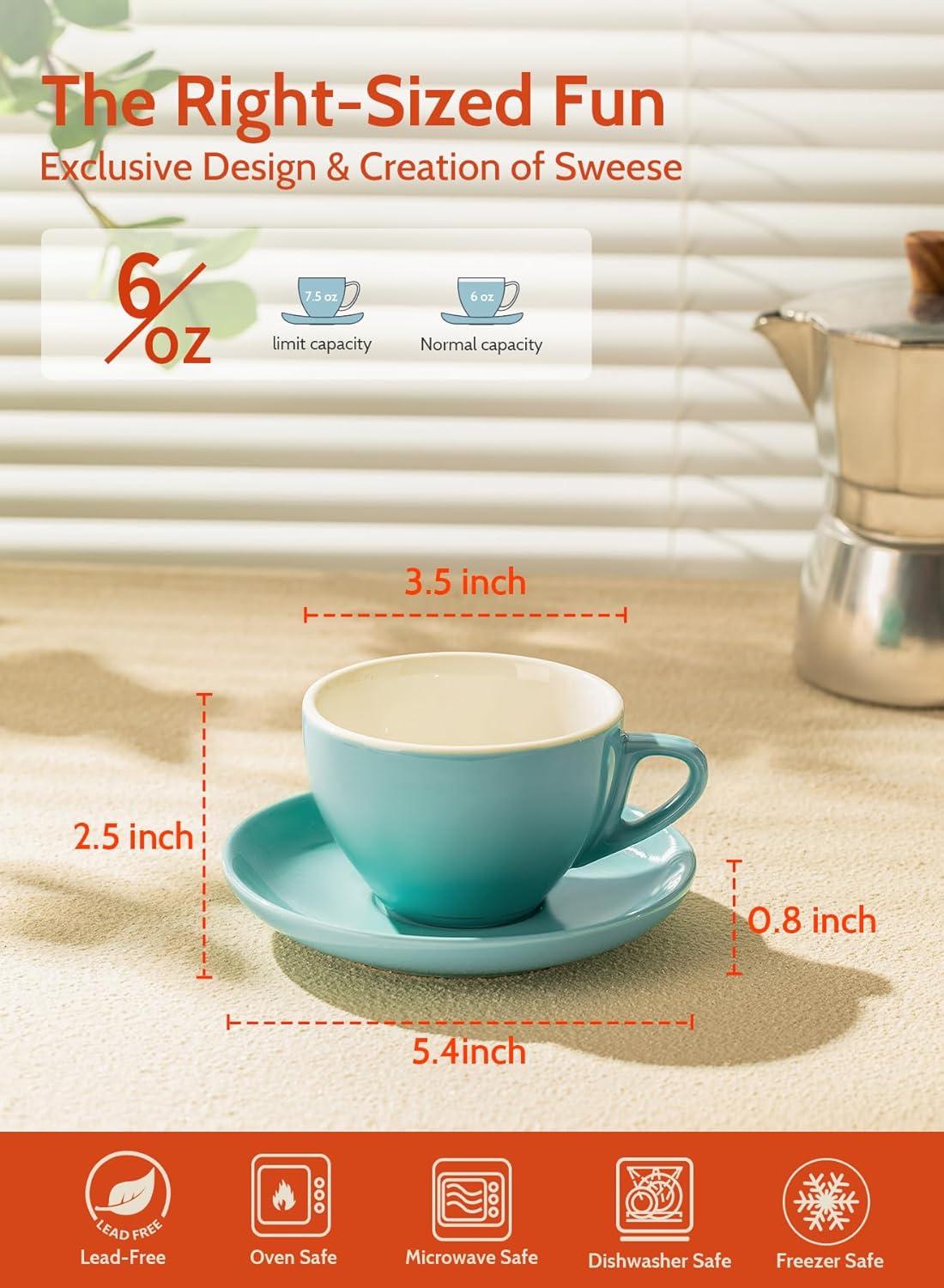 Sweese 6 Ounce Cappuccino Cups with Saucers, Porcelain Double Espresso Cups Set of 6 - Hot Assorted Colors