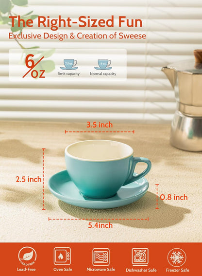 Sweese 6 Ounce Cappuccino Cups with Saucers, Porcelain Double Espresso Cups Set of 6 - Hot Assorted Colors