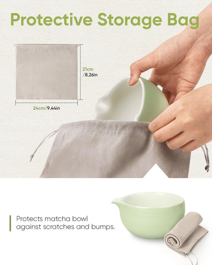 Traditional Matcha Bowl with Spout, Ceramic Matcha Tea Bowl (Chawan), Matcha Mixing Bowl for Whisking Matcha, Light Green (18 Ounce)