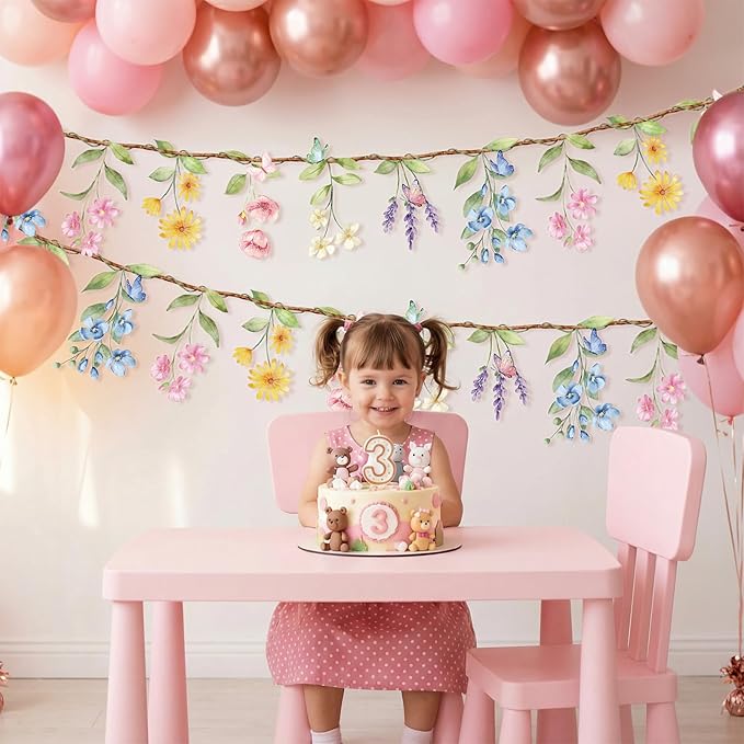 2 Pcs Wildflower Garland, Wildflower Party Decorations Reusable Garden Flower Banner for Baby Shower Birthday Spring Fresh Off the Market Bridal Shower Girl Party