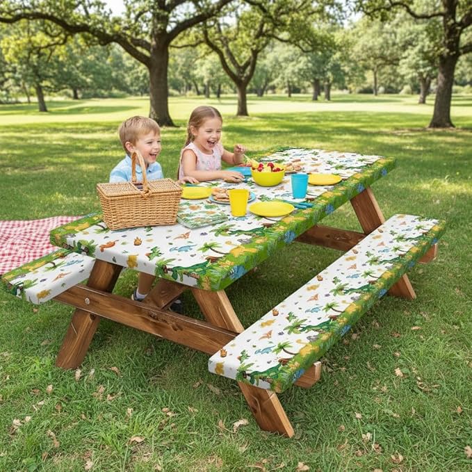 Dinosaur Picnic Table Covers with Bench Covers, Jungle Dino Print Tablecloth, Outdoor Table Cover Set, Patio Camping Picnic Table Protector, 72x30 Inch