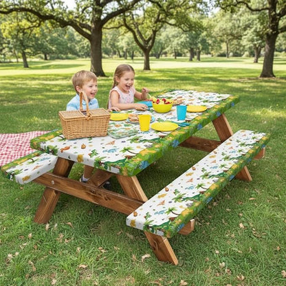 Dinosaur Picnic Table Covers with Bench Covers, Jungle Dino Print Tablecloth, Outdoor Table Cover Set, Patio Camping Picnic Table Protector, 72x30 Inch