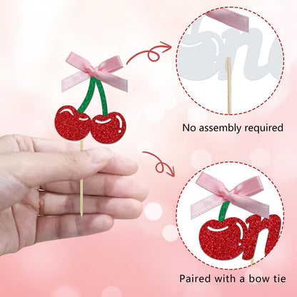 24 Pack Cherry 1st Birthday Cupcake Toppers, Glitter Cherry First Birthday Cake Pick for Fruits Theme One Birthday Party Cake Decorations Supplies (Ribbon One)