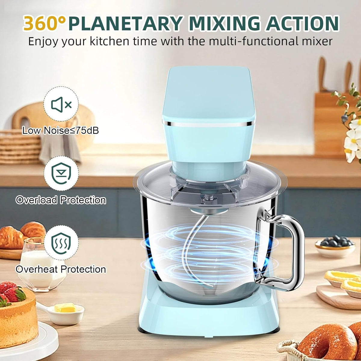 Stand Mixer, 6QT 10+P Speed Tilt-Head Kitchen Electric Mixer, Food Mixer with Stainless Steel Bowl, Dough Hook, Flat Beater, Wire Whisk, Splash Guard-Blue