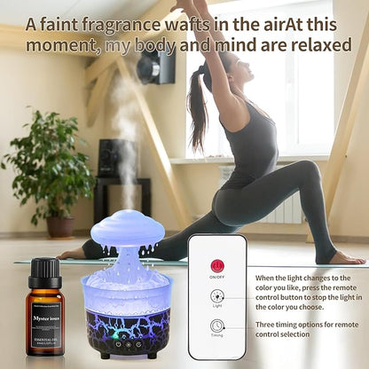 BOHOFAM Aroma Essential Oil Diffuser,Rain Cloud humidifier Simultaneously Water Drip and Air Mist,Rain Diffuser with 4 Hotel Collection Essential Oils for Home,Bedroom,Colorful Light(Black)