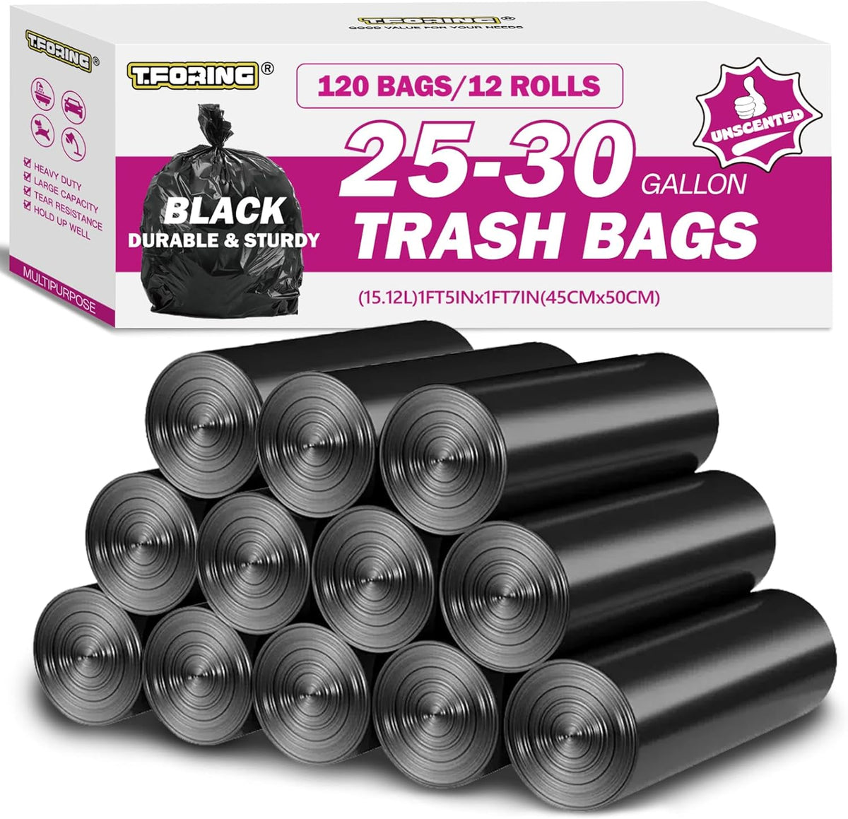 25-30 Gallon Trash Bags Black 120 Count - 32" x 36" Large Kitchen Garbage Bags, 20+ Gallon Trash Can Liners Unscented, Multipurpose for Home, Office, Daily Household Use