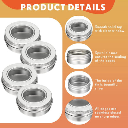 Zubebe 100 Pcs Aluminum Tin Jar Refillable Containers Clear Top Screw Lid Round Tin Container Bottle for Cosmetic, Cream, Diamond Painting, Salves, Balms, Lip Balm, Spices or Others, Silver (1 oz)