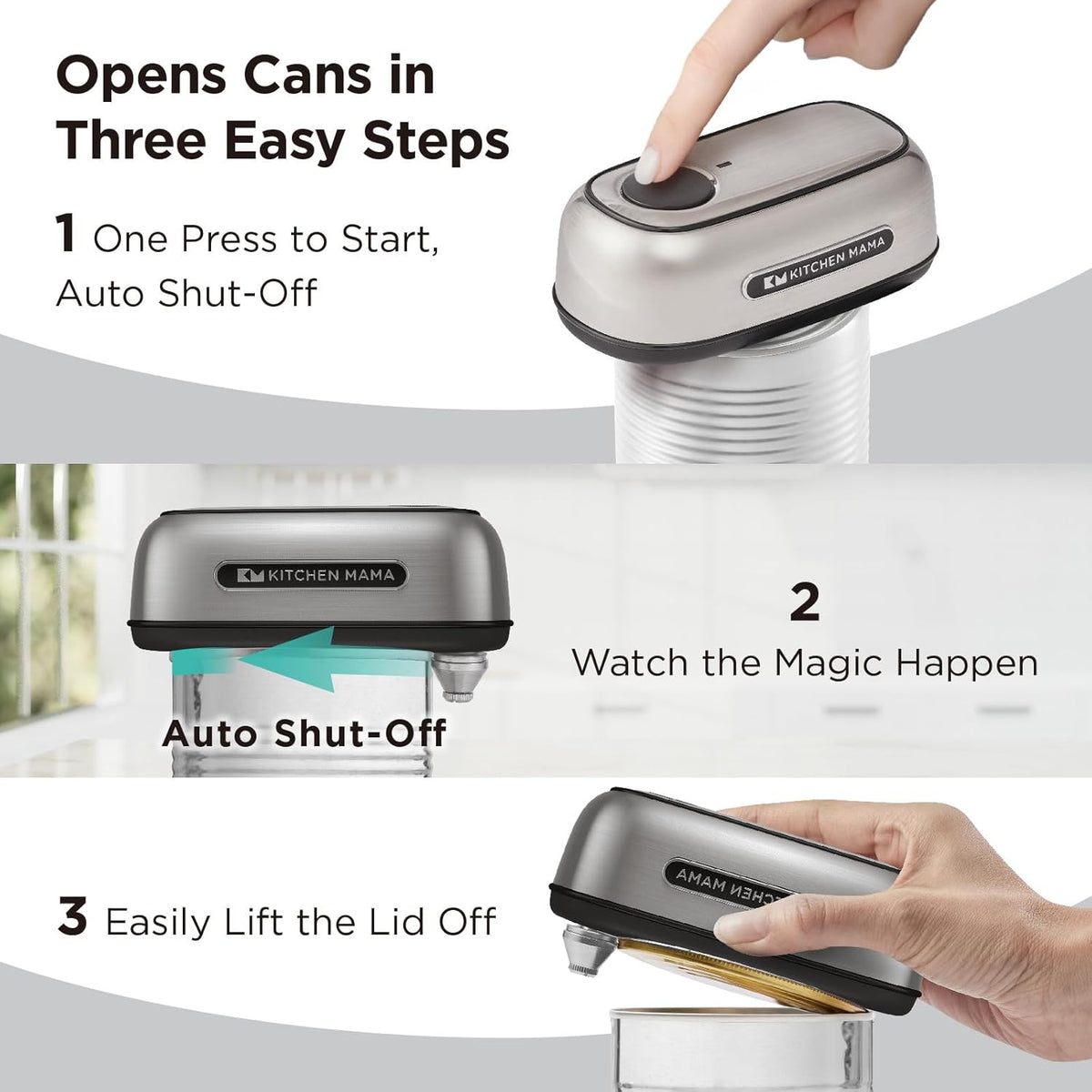 Kitchen Mama Orbit One Stainless Steel Rechargeable Electric Can Opener: Hands-free, USB-C Charging, Automatic Stop, Smooth Edge, Safety