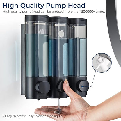 Pollock Shower Dispenser 3 Chamber No Drill Shampoo Conditioner Body Wash Dispenser for Bathroom, Large Capacity, Black