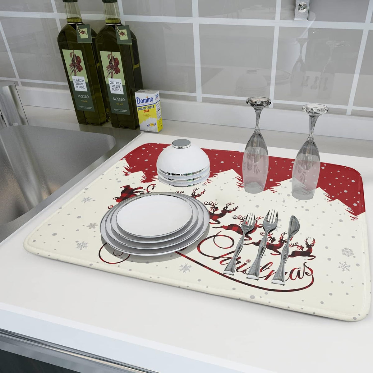 Christmas Moose Dish Drying Mat 16x18 Inch Cute Christmas Elk Drying Mat for Kitchen Counter Xmas Winter Santa Claus Absorbent Reversible Microfiber