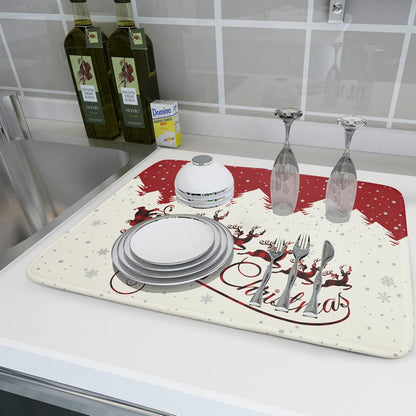 Christmas Moose Dish Drying Mat 16x18 Inch Cute Christmas Elk Drying Mat for Kitchen Counter Xmas Winter Santa Claus Absorbent Reversible Microfiber