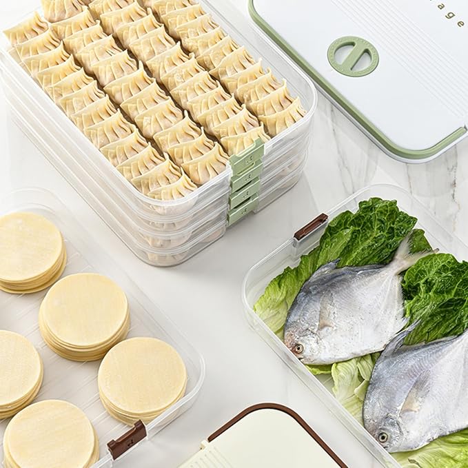 Dumplings Storage with 4 Layers, Stackable with Buckle, Lid & Handle for Cookies Wonton Donuts Box Organizer For Fridge, White-Green