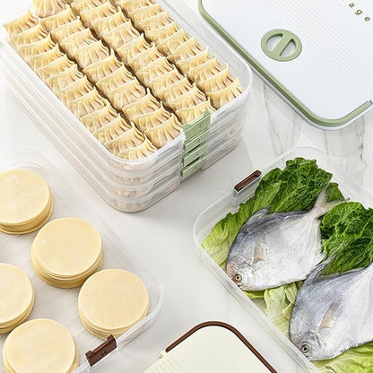 Dumplings Storage with 4 Layers, Stackable with Buckle, Lid & Handle for Cookies Wonton Donuts Box Organizer For Fridge, White-Green