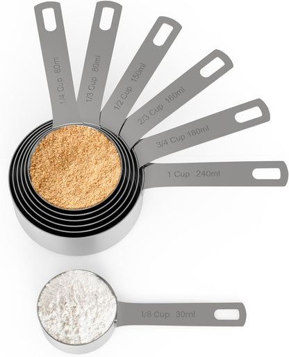 Chef Pomodoro Stainless Steel Measuring Cup Set, Nested and Stackable with 7 Pieces, Sturdy Extra-long Handles with Lasered Markings and Sorting Ring
