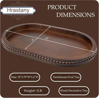 Oval Wood Decorative Tray with Wooden Beads, Vintage Serving Platter Tray for Ottoman, Coffee Table, Entertaining, Kitchen Counter Organizer