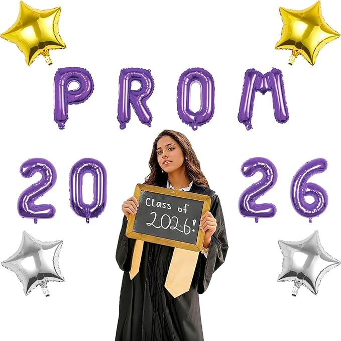 Prom 2026 Balloons Decorations, 16 Inch Foil Letter Number Balloons with 18 Inch Silver Purple Star Balloons for High School College Graduation Gift Retirement Ins Photo Party Supplies