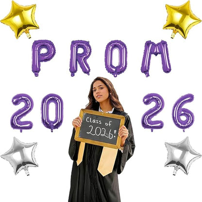 Prom 2026 Balloons Decorations, 16 Inch Foil Letter Number Balloons with 18 Inch Silver Purple Star Balloons for High School College Graduation Gift Retirement Ins Photo Party Supplies
