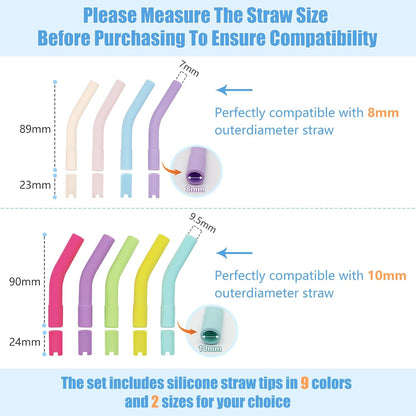 Keifin 18 Pcs 8mm 10mm Silicone Straw Tips with Bottom Sleeve Reusable Food Grade Rubber Straw Tips for Metal Glass Straws Replaceable Flex Toppers