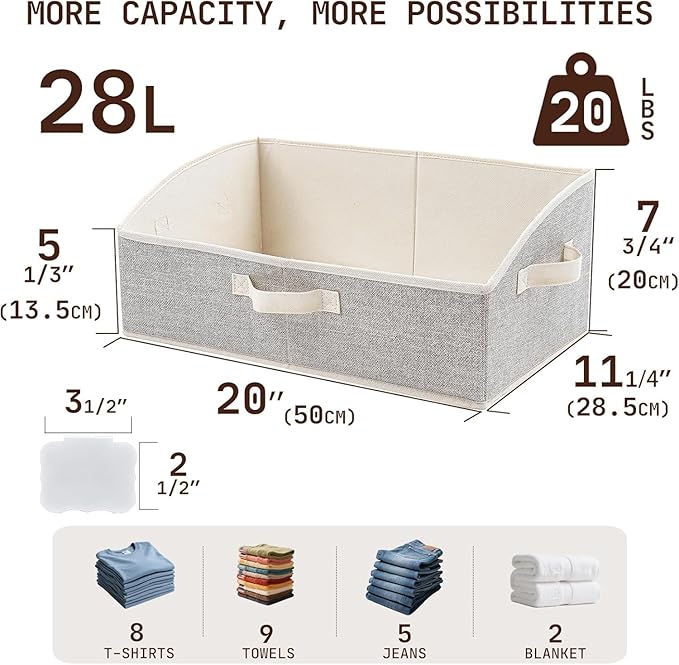 Closet Organizers and Storage Bins with Labels Clip, Large Trapezoid Storage Baskets for Shelves, 28L Foldable Fabric Clothing Organizer for Blankets, Towels and Toys, Honey Beige,White, 3-Pack