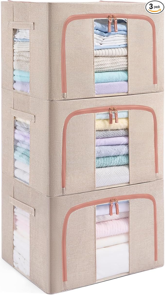 GuliPostan 3 Pack 100L Stackable Clothes Storage Bins with Metal Frame Handles & Zipper, Collapsible Closet Organizer Box with Lid for Bedding Blankets Towel (Beige)