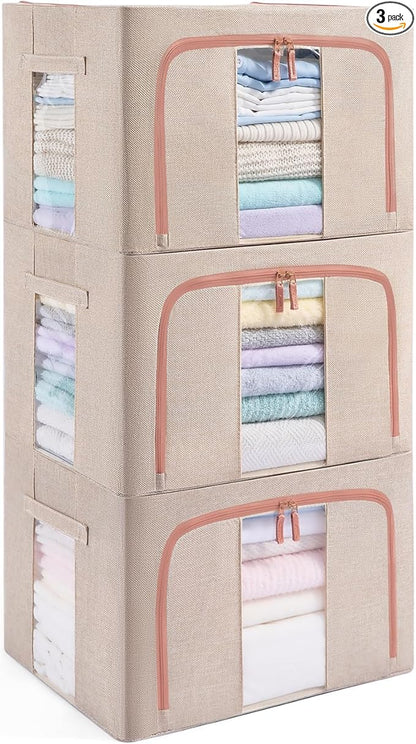 GuliPostan 3 Pack 100L Stackable Clothes Storage Bins with Metal Frame Handles & Zipper, Collapsible Closet Organizer Box with Lid for Bedding Blankets Towel (Beige)