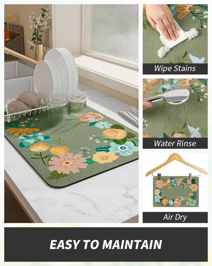 AMOAMI Coffee Mat Hide Stain Rubber Backed Absorbent Dish Drying Mat for Kitchen Counter - Fits Under Coffee Maker or Machine - Floral GREEN 17x31.5