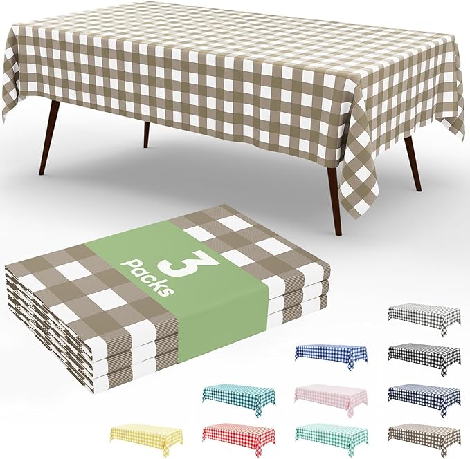 Smiry 3 Pack Khaki Gingham Disposable Tablecloths - 54" x 108" Heavy Duty Plastic Table Cloth, Waterproof Buffalo Plaid Table Covers for Picnic, Banquets, Outdoor Parties