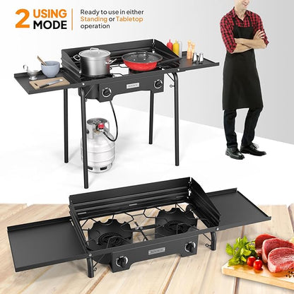 ROVSUN 2 Burner Outdoor Camping Stove with Wind Panel & Shelves, Heavy Sturdy Propane Burner, Gas Cooker with Detachable Legs & CSA Regulator for Home Camp Paito Cooking Frying Canning