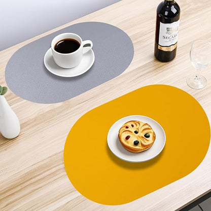 Oval PU Placemats Set of 6,Reversible Faux Leather Placemat for Dining Table,Waterproof Heat Resistant Wipeable Anti Slip Table Mats,Modern Table Protectors(Yellow and Silver)