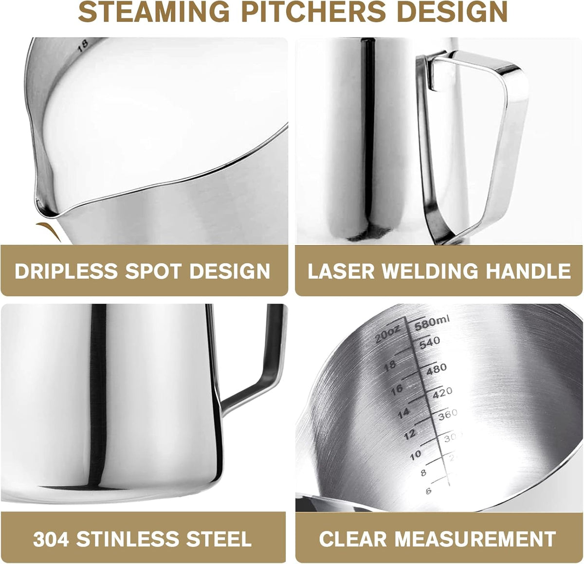 Milk Frothing Pitchers 20 oz, Stainless Steel Espresso Steaming Pitcher with Decorating Pen Coffee Milk Frother Cup with Scale Cappuccino Latte Art