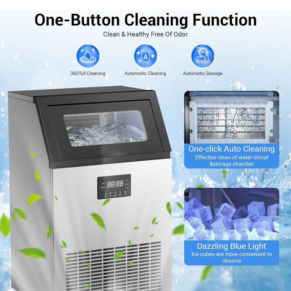 Commercial Ice Maker Machine 200LBS/24H, Under Counter Ice Machine with 50 LBS Storage Bin, 55 Ice Cubes in 8-12 Mins, Self Cleaning Free Standing Ice Maker for Home/Bar/Restaurant (200LBS / 24H)