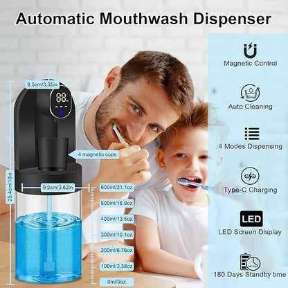 Automatic Mouthwash Dispenser for Bathroom, 20.29 oz Touchless Smart Wall-Mounted Mouth Wash Dispensers, 4 Magnetic Cups, 4 Dispensing Modes, Hands-Free Bathroom Accessories for Home Kids Family-Black
