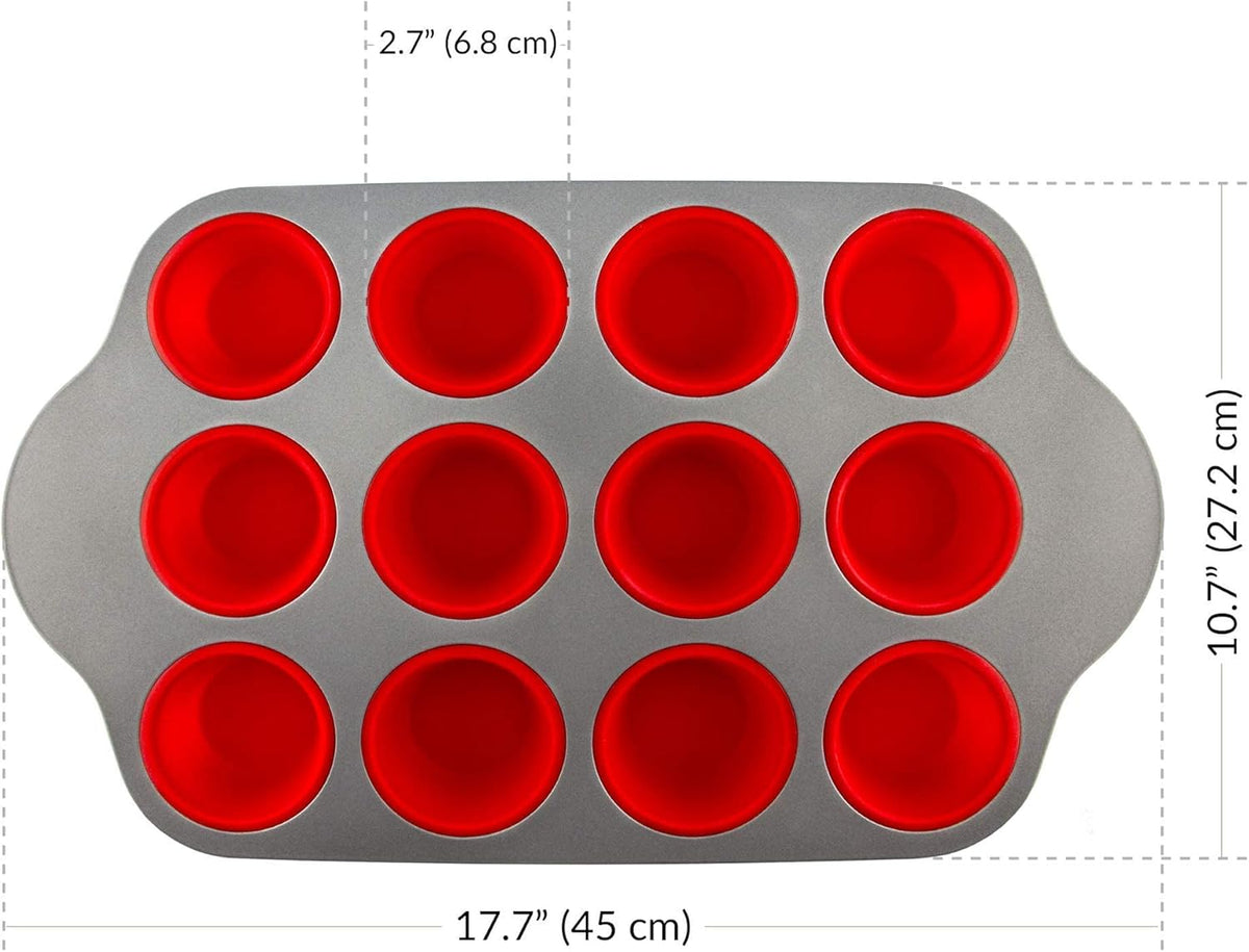 Boxiki Kitchen Non-Stick 12 Cup Silicone Muffin Pan With Steel Frame - BPA Free, Non-Toxic, Anti-Warp, Durable & Easy to Pop Silicone Muffin Tin