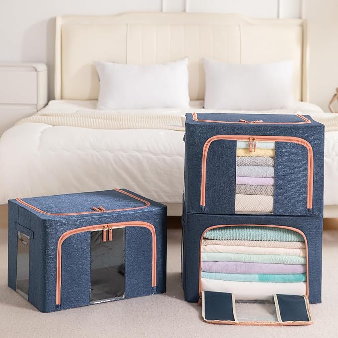 GuliPostan 3 Pack 24L Stackable Clothes Storage Bins with Metal Frame Handles & Zipper, Collapsible Closet Organizer Box with Lid for Bedding Blankets Towel (Navy)
