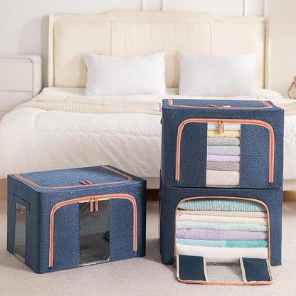 GuliPostan 3 Pack 24L Stackable Clothes Storage Bins with Metal Frame Handles & Zipper, Collapsible Closet Organizer Box with Lid for Bedding Blankets Towel (Navy)